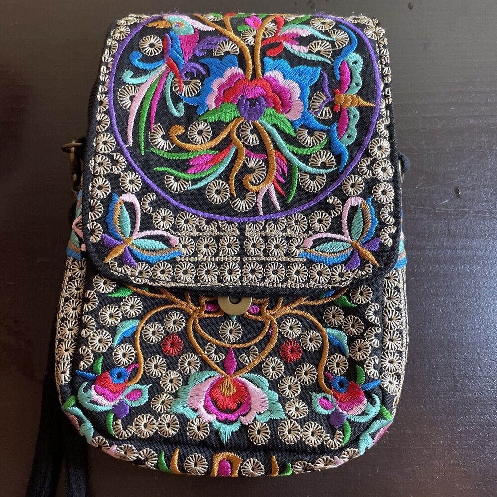 Women's Embroidered Floral Boho Shoulder Bag Purse Small